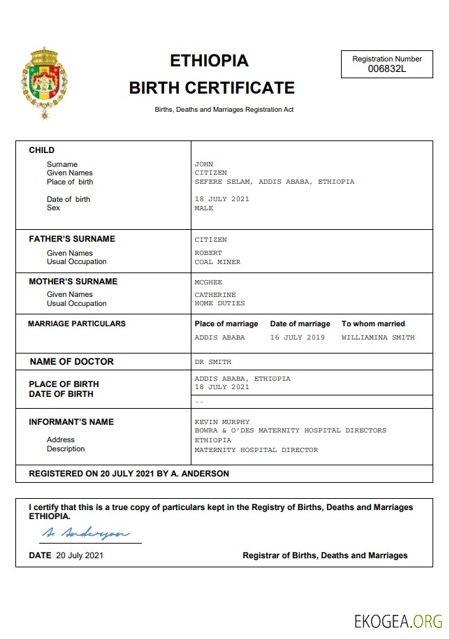 Modèle Word et PDF d'acte de naissance d'acte d'état civil en Éthiopie